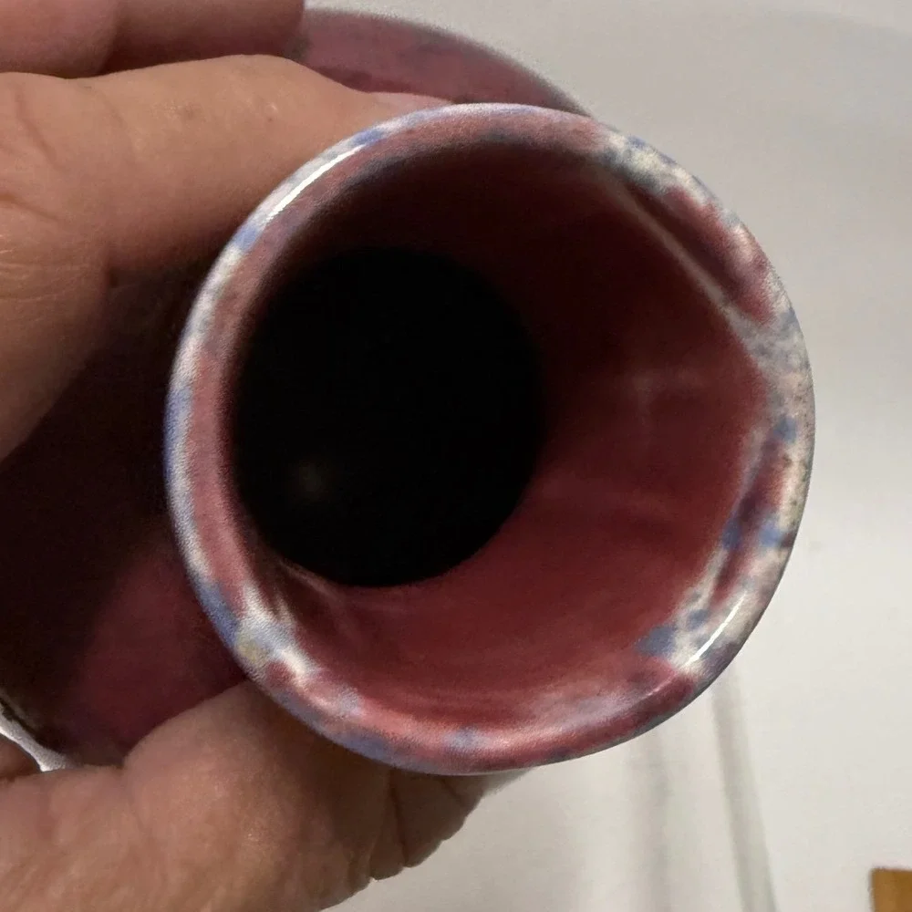Vintage Studio Pottery Vase Oxblood Red Blue Mottled Glaze Bulbous Pottery MCM